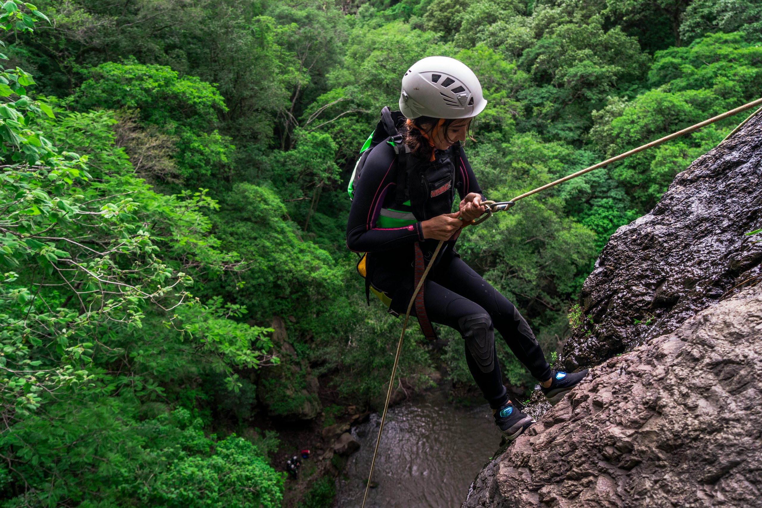 A woman rock climbing on a cliff, surrounded by lush greenery. Outdoor adventure with safety gear.